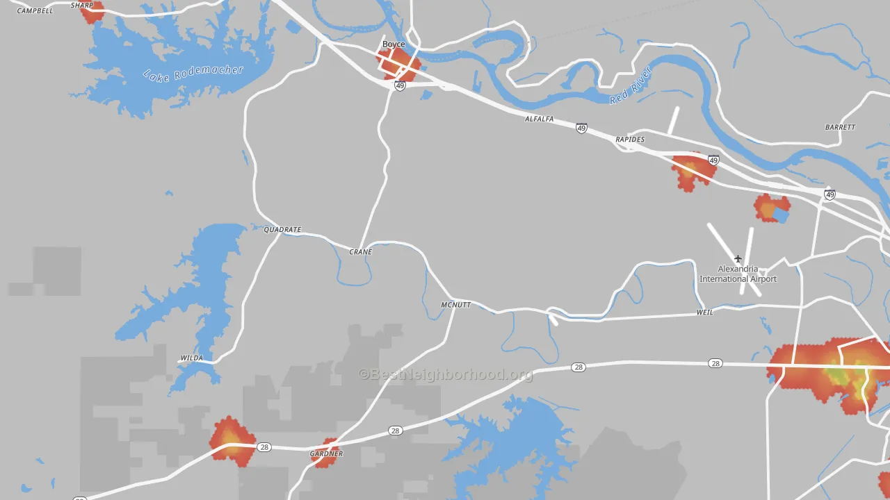 Walk Grade map of Boyce, LA, walkable areas in green and car-dependent areas in red