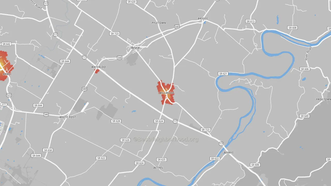 Walk Grade map of Boyce, VA, walkable areas in green and car-dependent areas in red