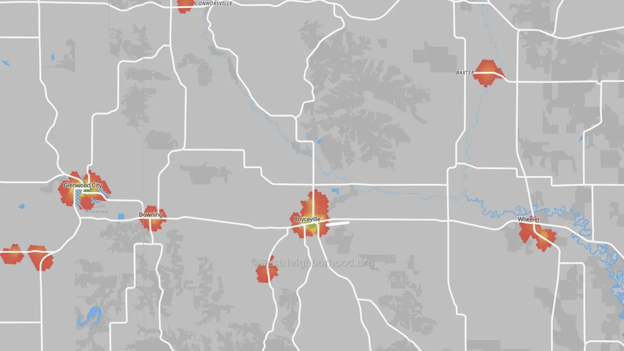 Walk Grade map of Boyceville, WI, walkable areas in green and car-dependent areas in red