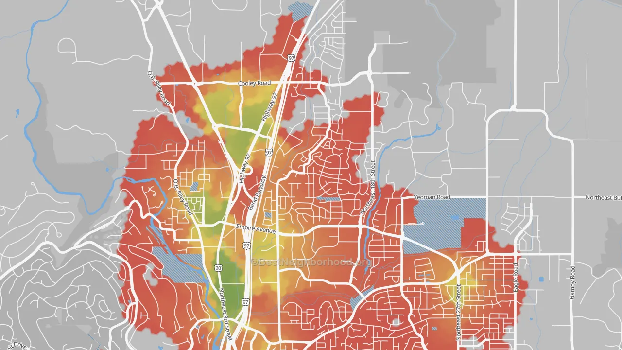 Walk Grade map of Boyd Acres, Bend, OR, walkable areas in green and car-dependent areas in red