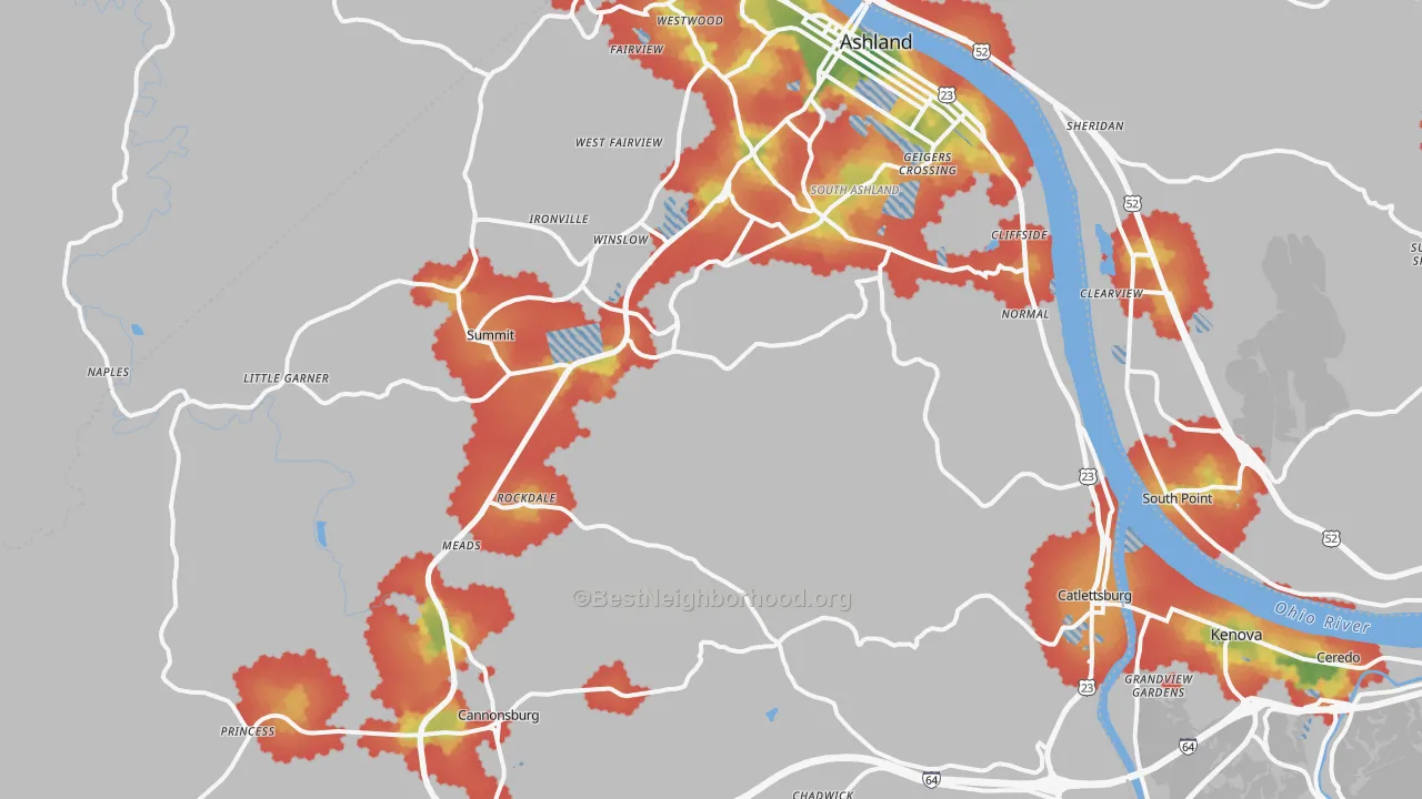 Walk Grade map of Boyd County, KY, walkable areas in green and car-dependent areas in red