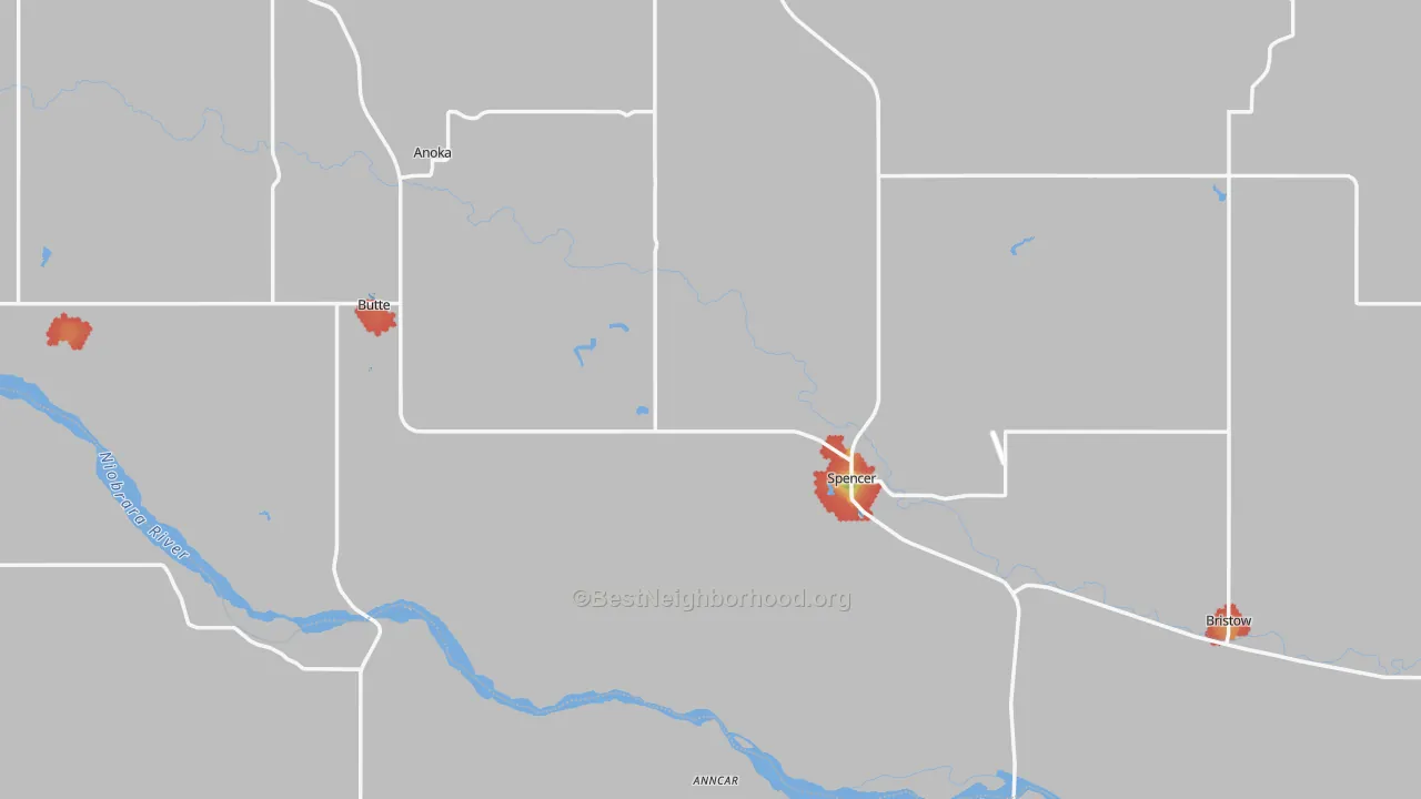 Walk Grade map of Boyd County, NE, walkable areas in green and car-dependent areas in red