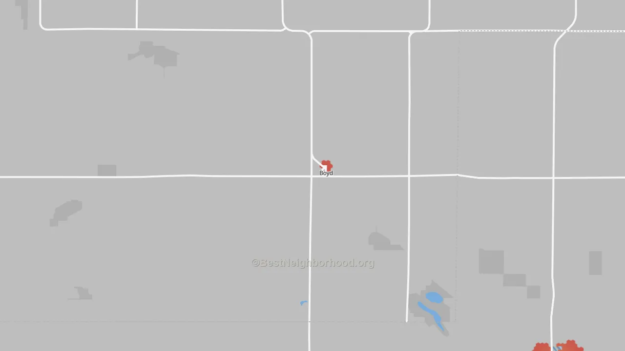 Walk Grade map of Boyd, MN, walkable areas in green and car-dependent areas in red