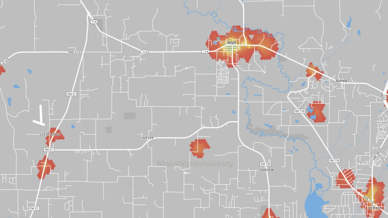 Walk Grade map of Boyd, TX, walkable areas in green and car-dependent areas in red