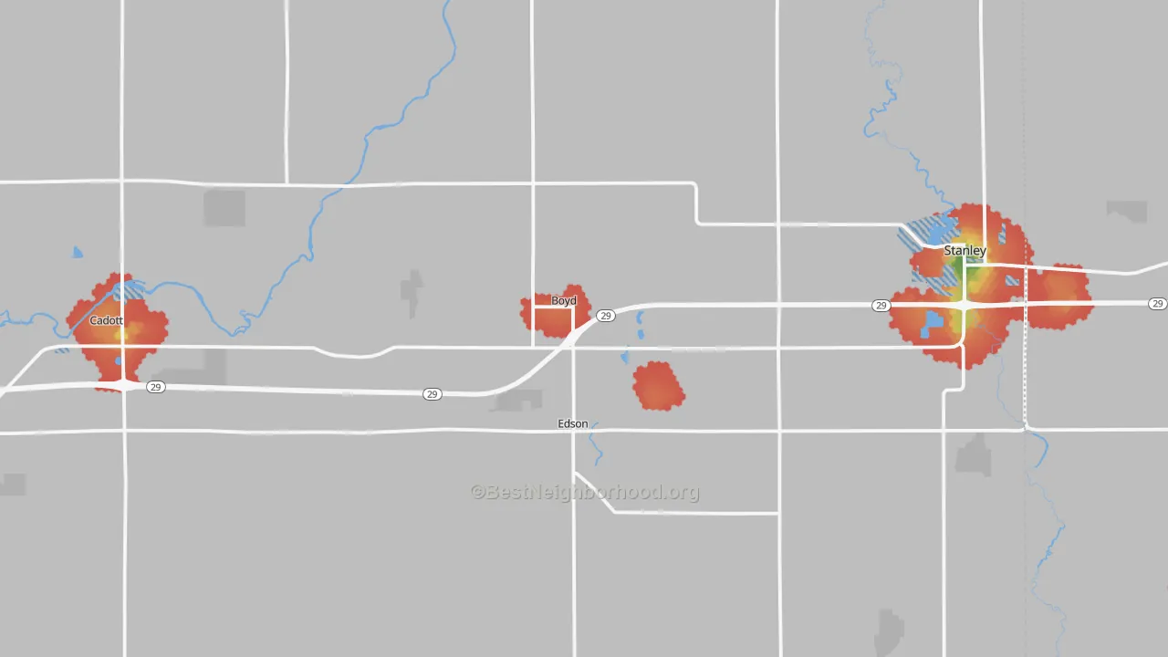 Walk Grade map of Boyd, WI, walkable areas in green and car-dependent areas in red