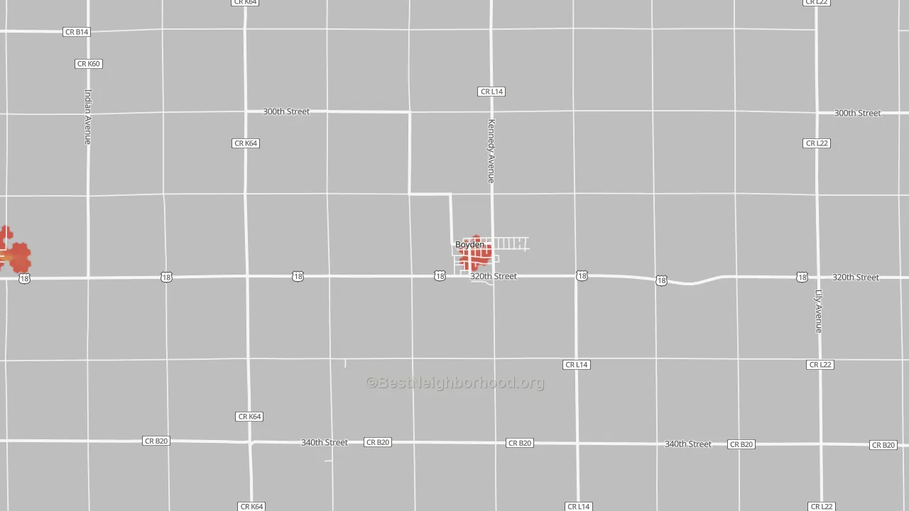 Walk Grade map of Boyden, IA, walkable areas in green and car-dependent areas in red