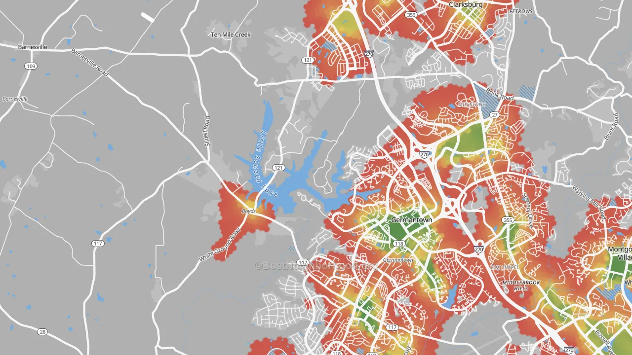 Walk Grade map of Boyds, MD, walkable areas in green and car-dependent areas in red