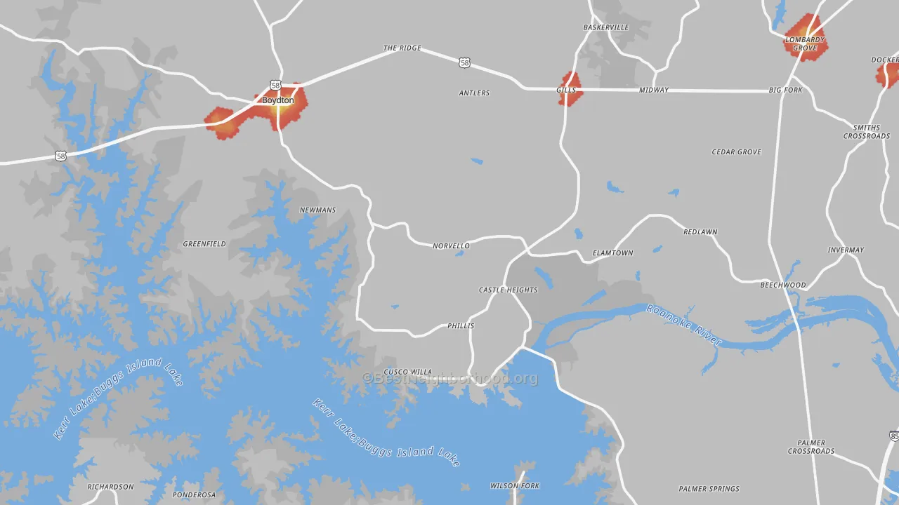 Walk Grade map of Boydton, VA, walkable areas in green and car-dependent areas in red
