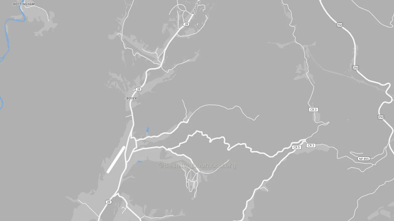 Walk Grade map of Boyer, WV, walkable areas in green and car-dependent areas in red