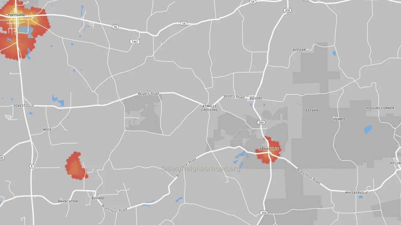 Walk Grade map of Boyers, PA, walkable areas in green and car-dependent areas in red