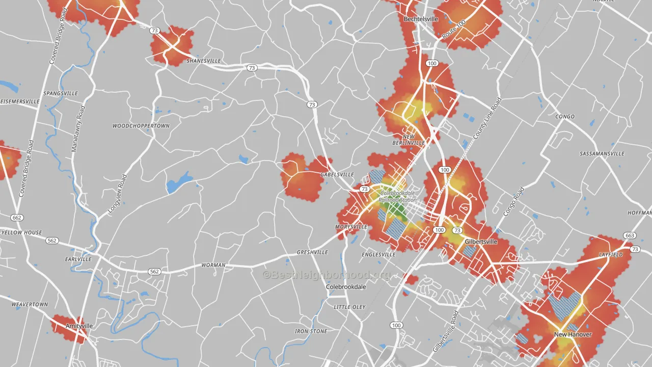 Walk Grade map of Boyertown, PA, walkable areas in green and car-dependent areas in red