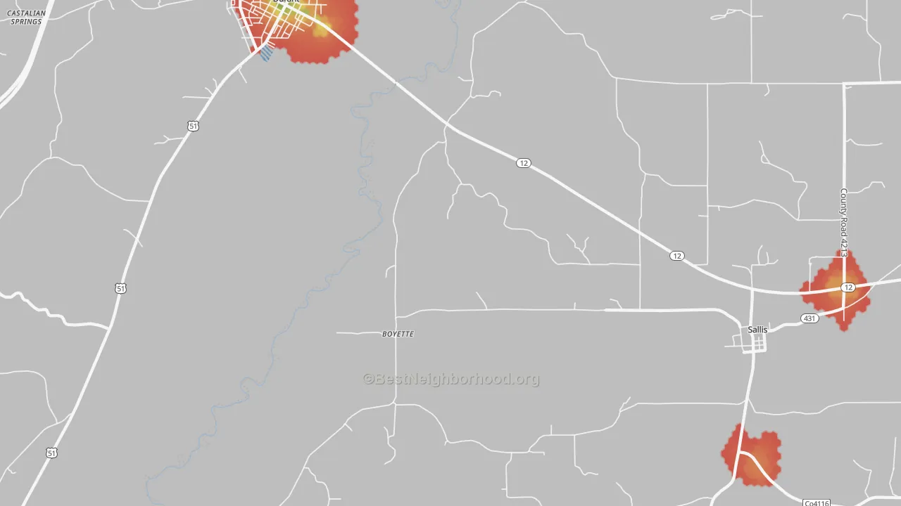 Walk Grade map of Boyette, MS, walkable areas in green and car-dependent areas in red