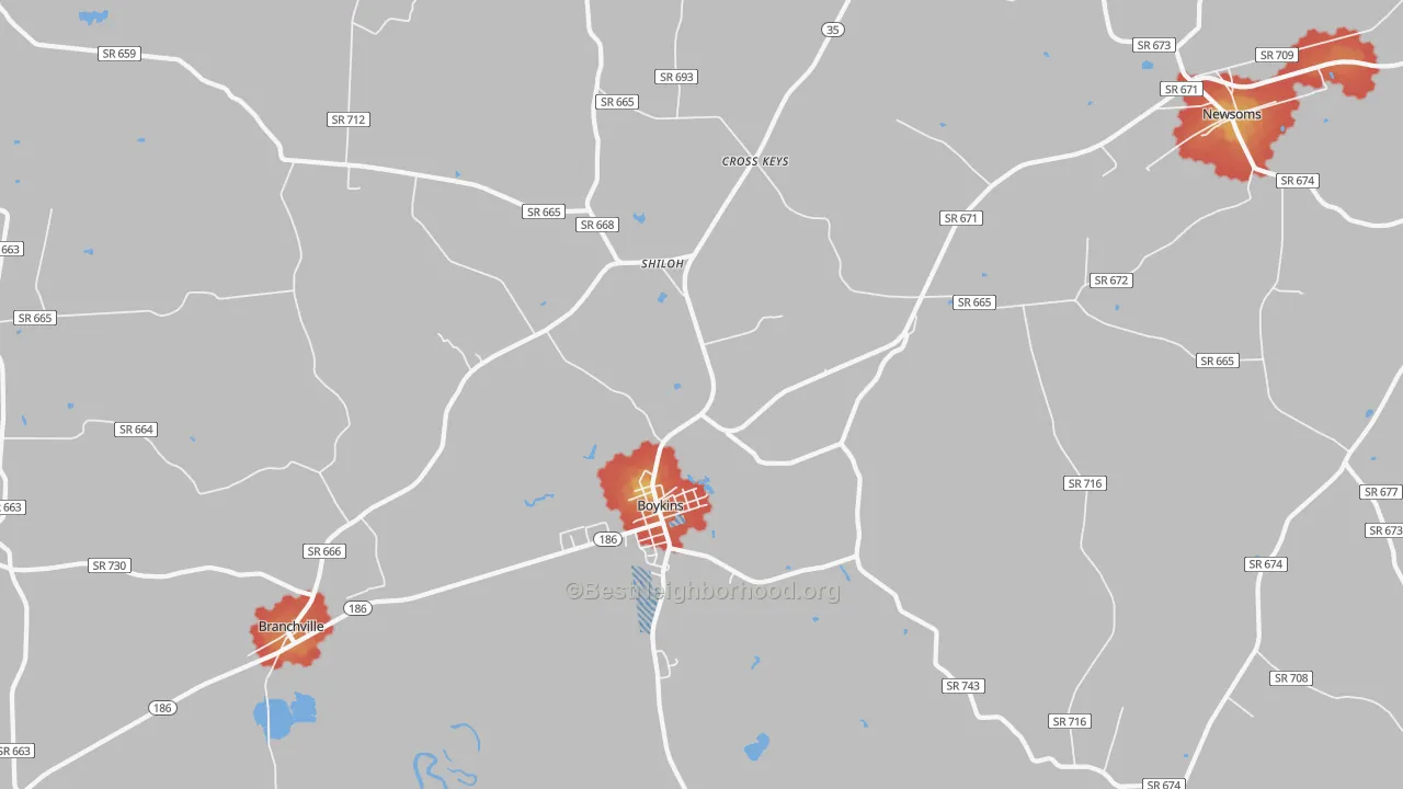 Walk Grade map of Boykins, VA, walkable areas in green and car-dependent areas in red