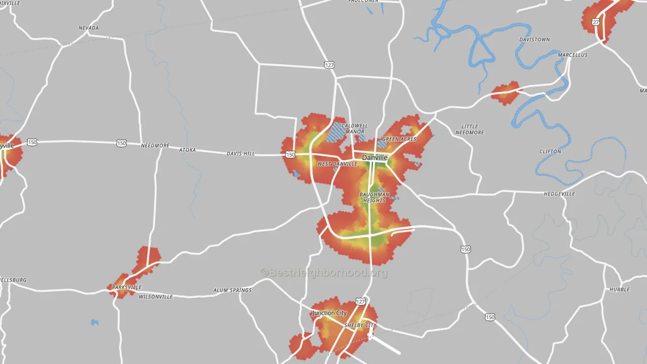 Walk Grade map of Boyle County, KY, walkable areas in green and car-dependent areas in red