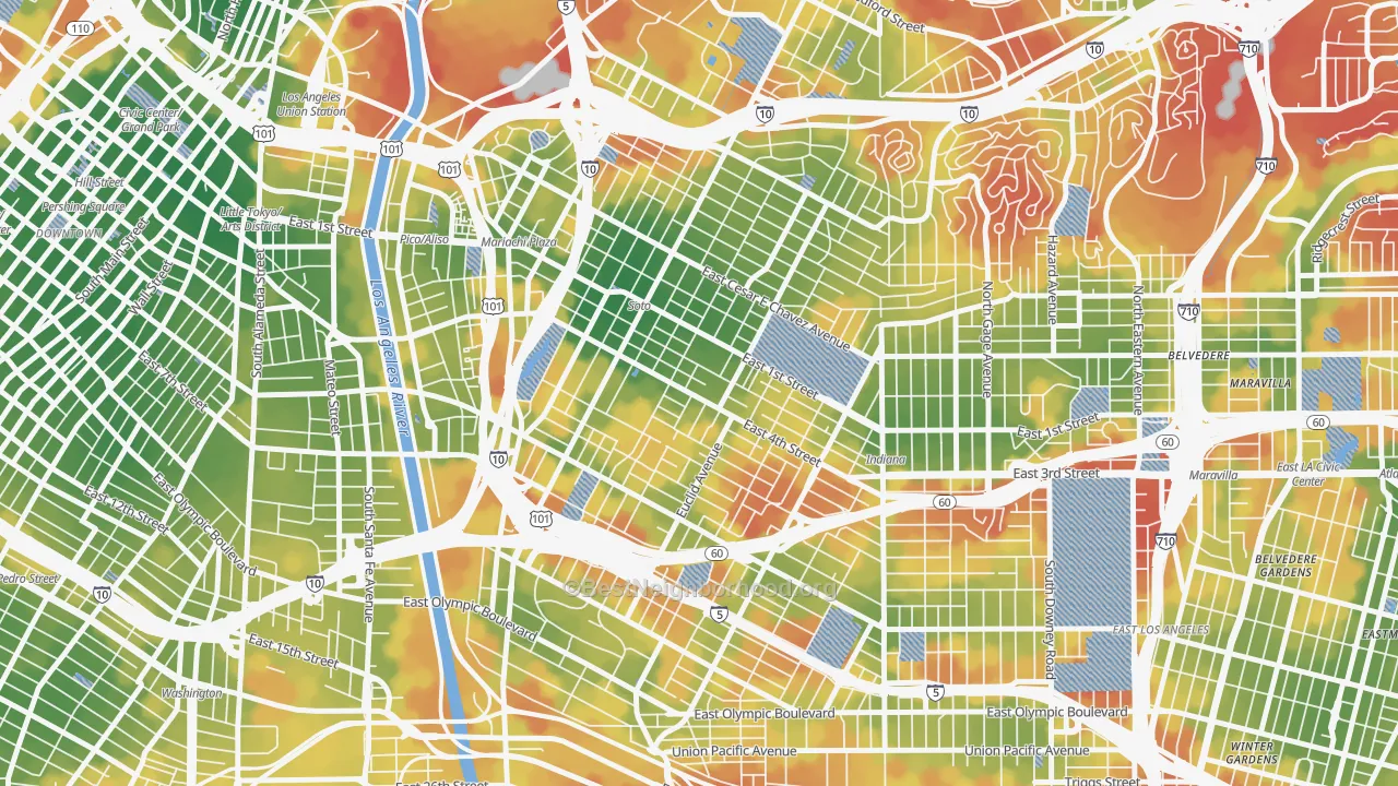 Walk Grade map of Boyle Heights, Los Angeles, CA, walkable areas in green and car-dependent areas in red