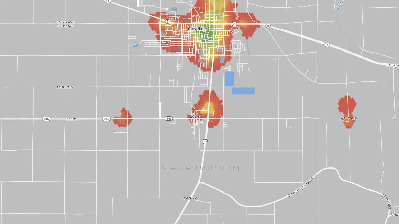 Walk Grade map of Boyle, MS, walkable areas in green and car-dependent areas in red