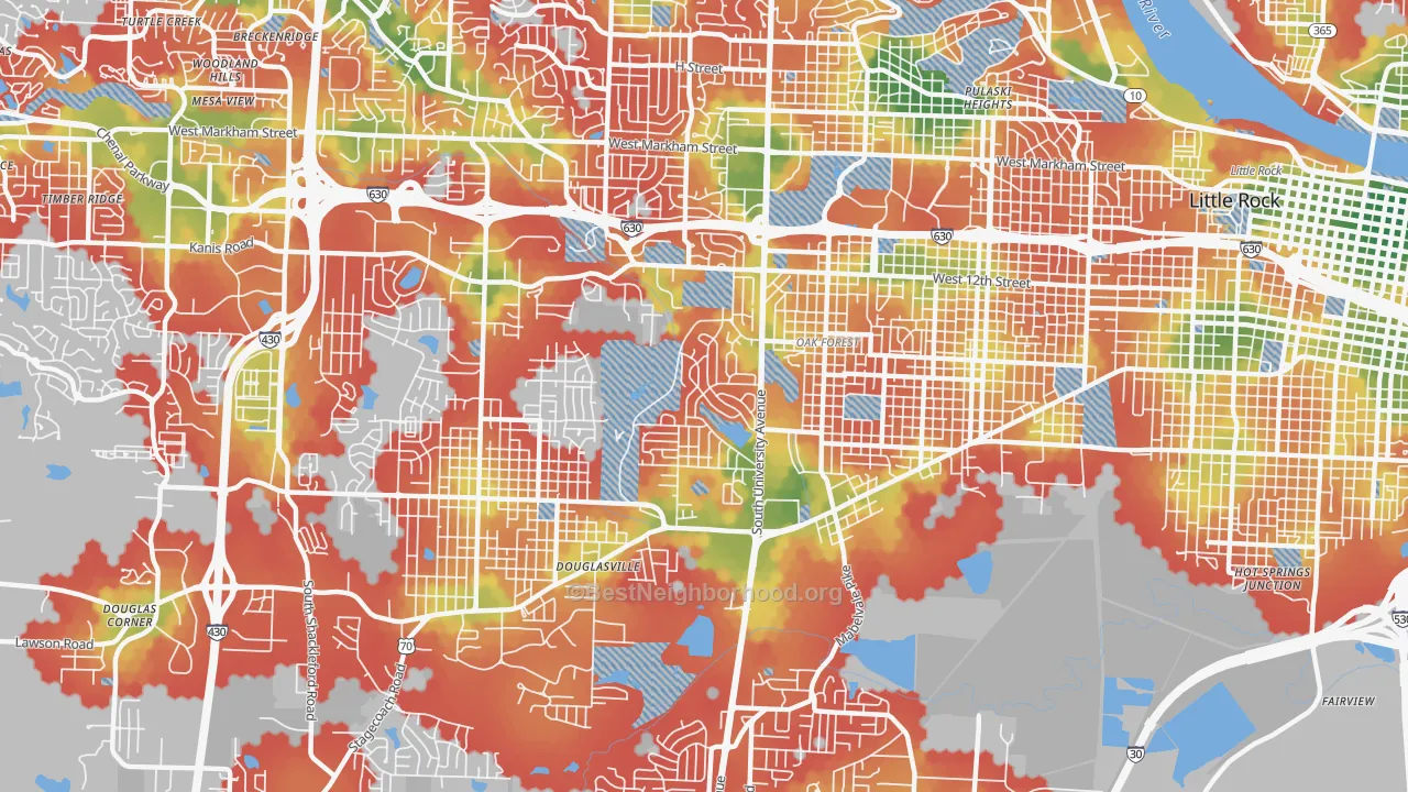 Walk Grade map of Boyle Park, Little Rock, AR, walkable areas in green and car-dependent areas in red
