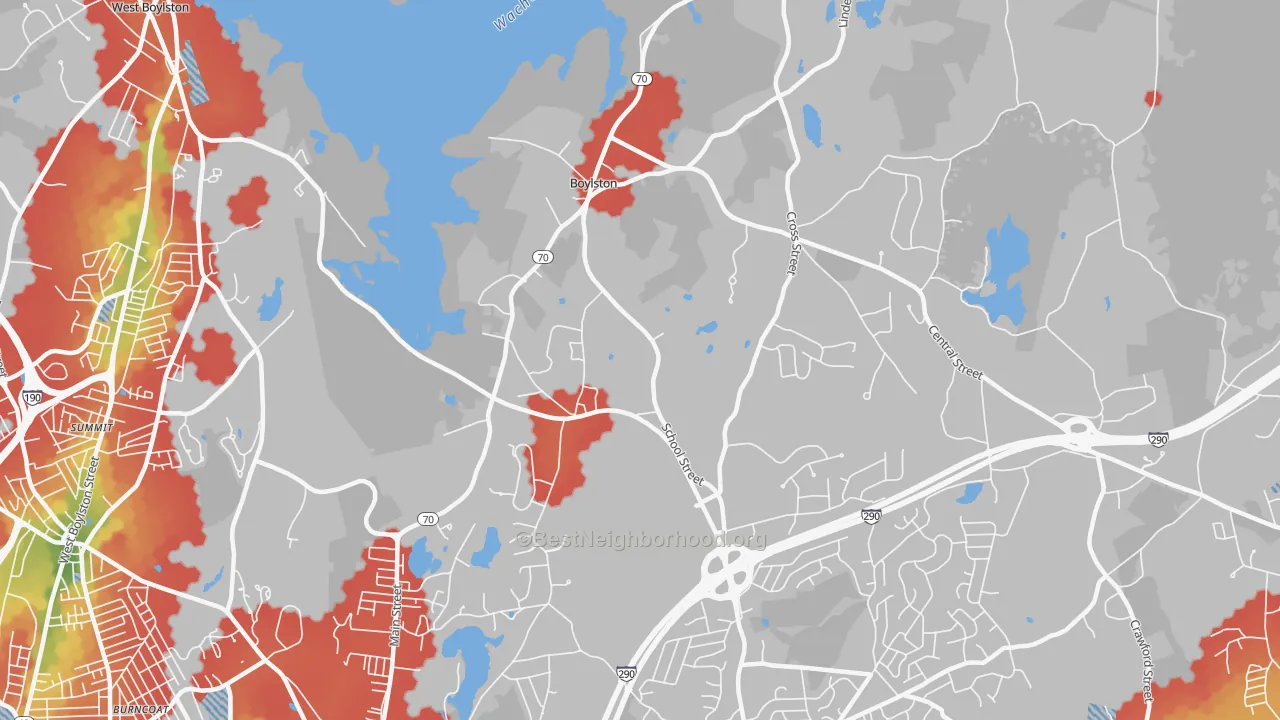 Walk Grade map of Boylston, MA, walkable areas in green and car-dependent areas in red