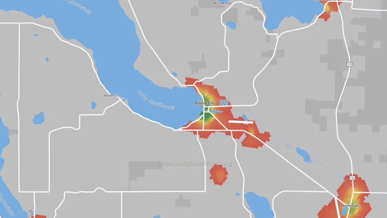 Walk Grade map of Boyne City, MI, walkable areas in green and car-dependent areas in red