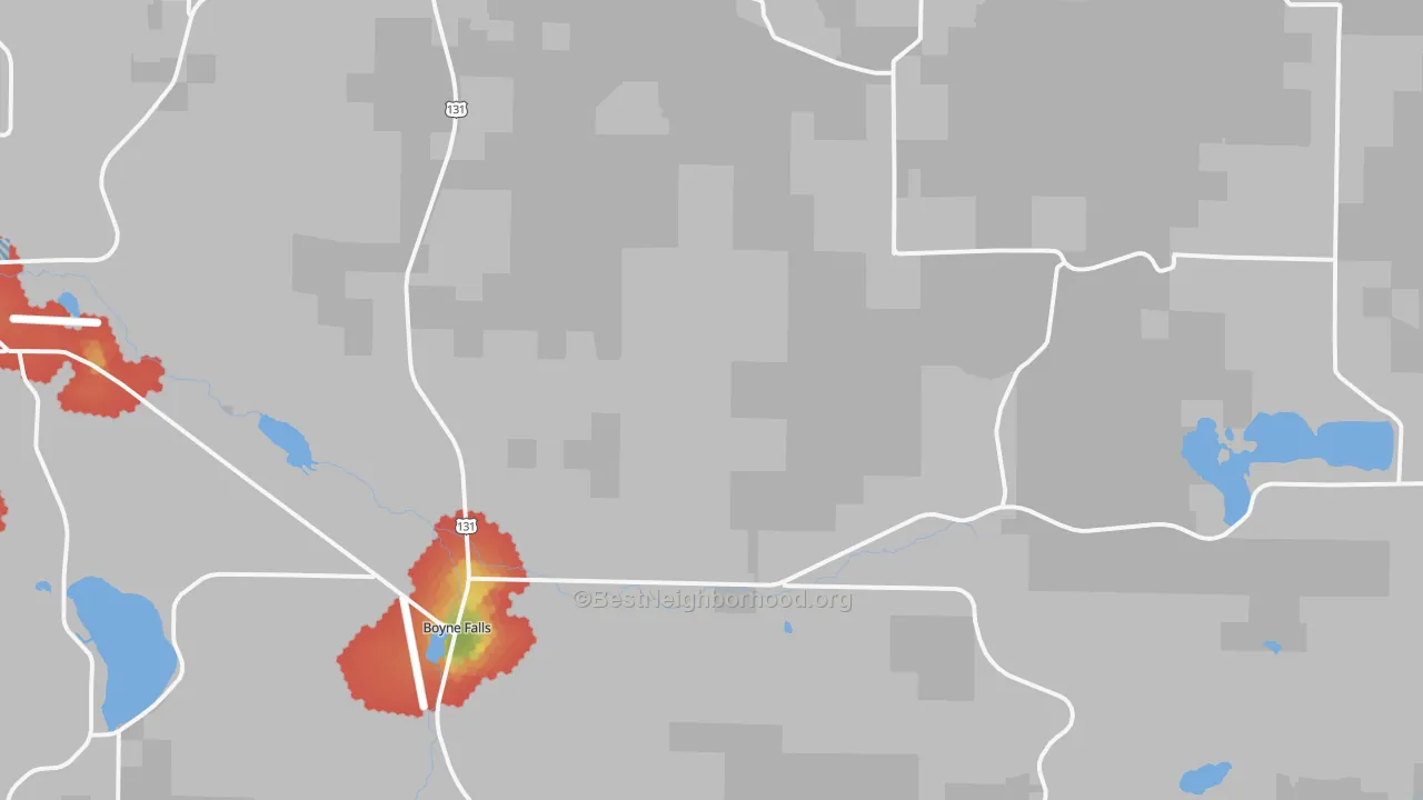 Walk Grade map of Boyne Falls, MI, walkable areas in green and car-dependent areas in red