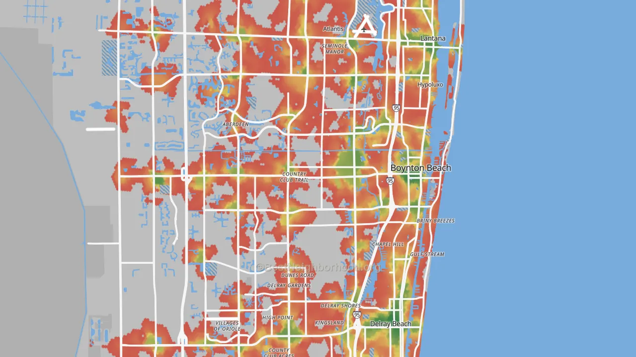 Walk Grade map of Boynton Beach, FL, walkable areas in green and car-dependent areas in red