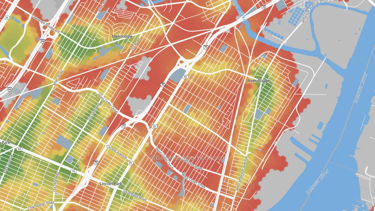 Walk Grade map of Boynton, Detroit, MI, walkable areas in green and car-dependent areas in red