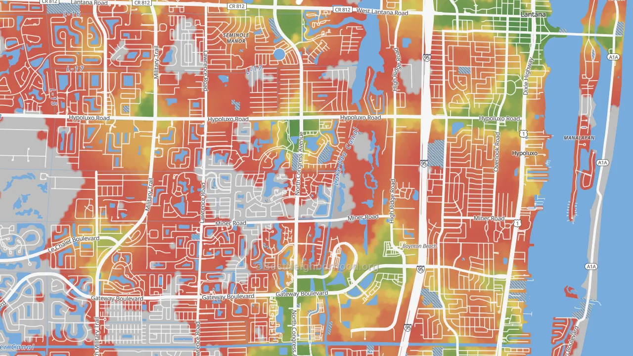 Walk Grade map of Boynton Lakes Plaza, Boynton Beach, FL, walkable areas in green and car-dependent areas in red