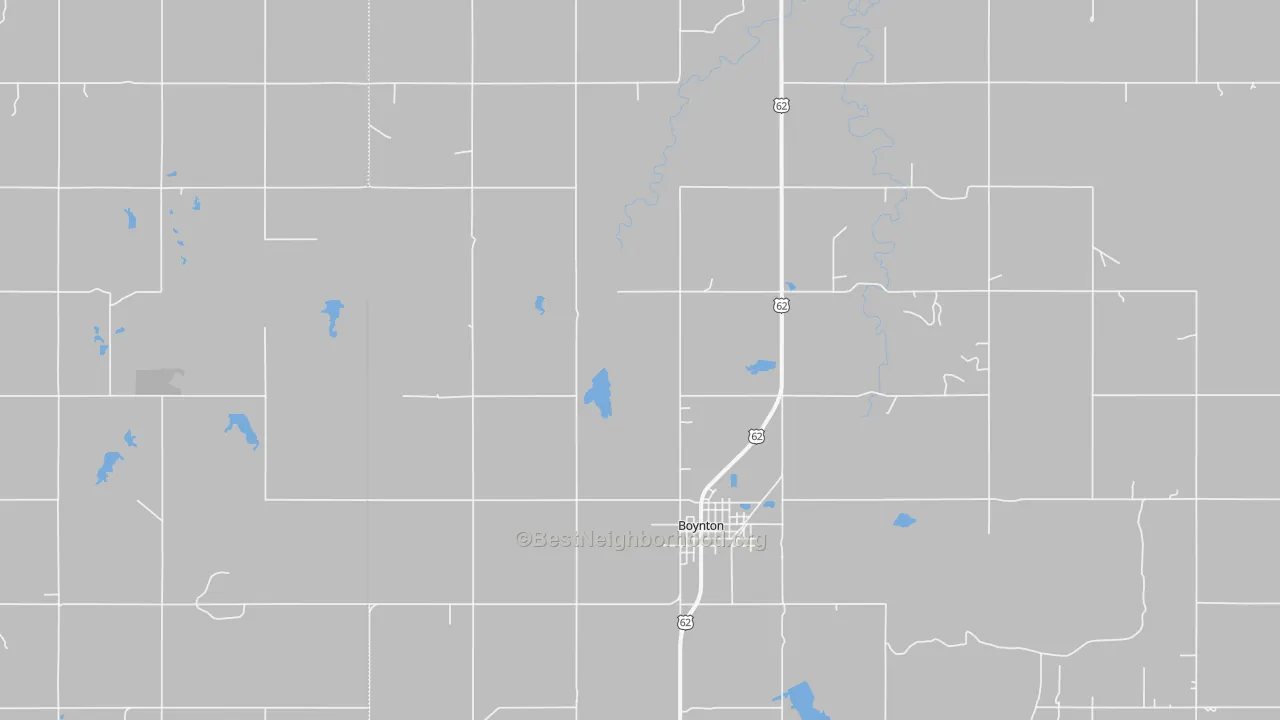 Walk Grade map of Boynton, OK, walkable areas in green and car-dependent areas in red