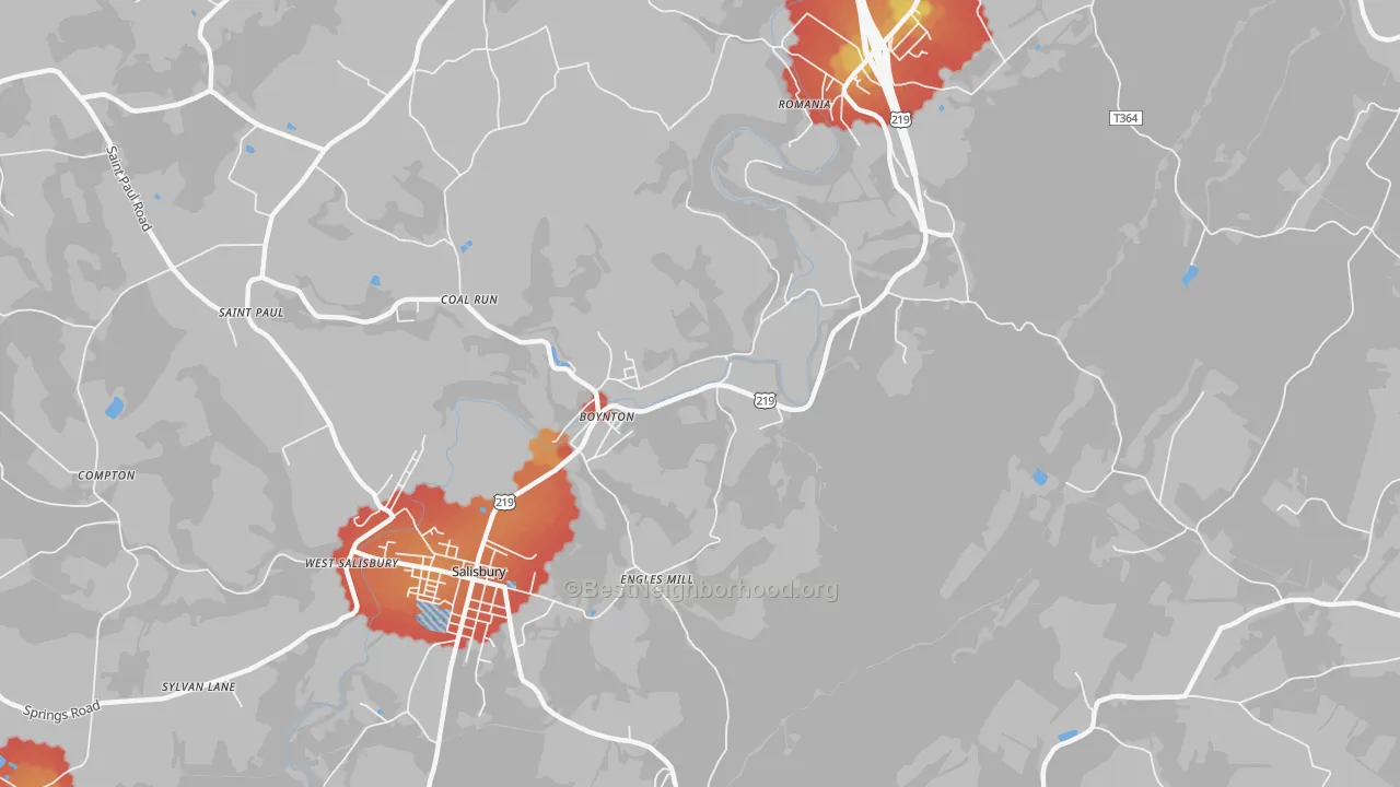 Walk Grade map of Boynton, PA, walkable areas in green and car-dependent areas in red