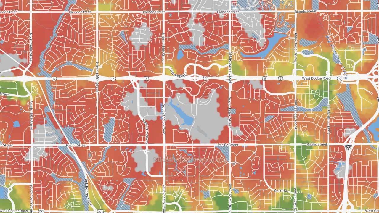 Walk Grade map of Boys Town, NE, walkable areas in green and car-dependent areas in red