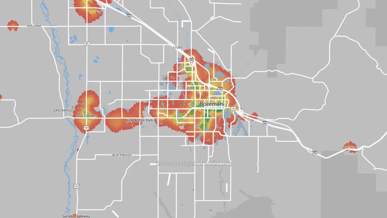 Walk Grade map of Bozeman, MT, walkable areas in green and car-dependent areas in red