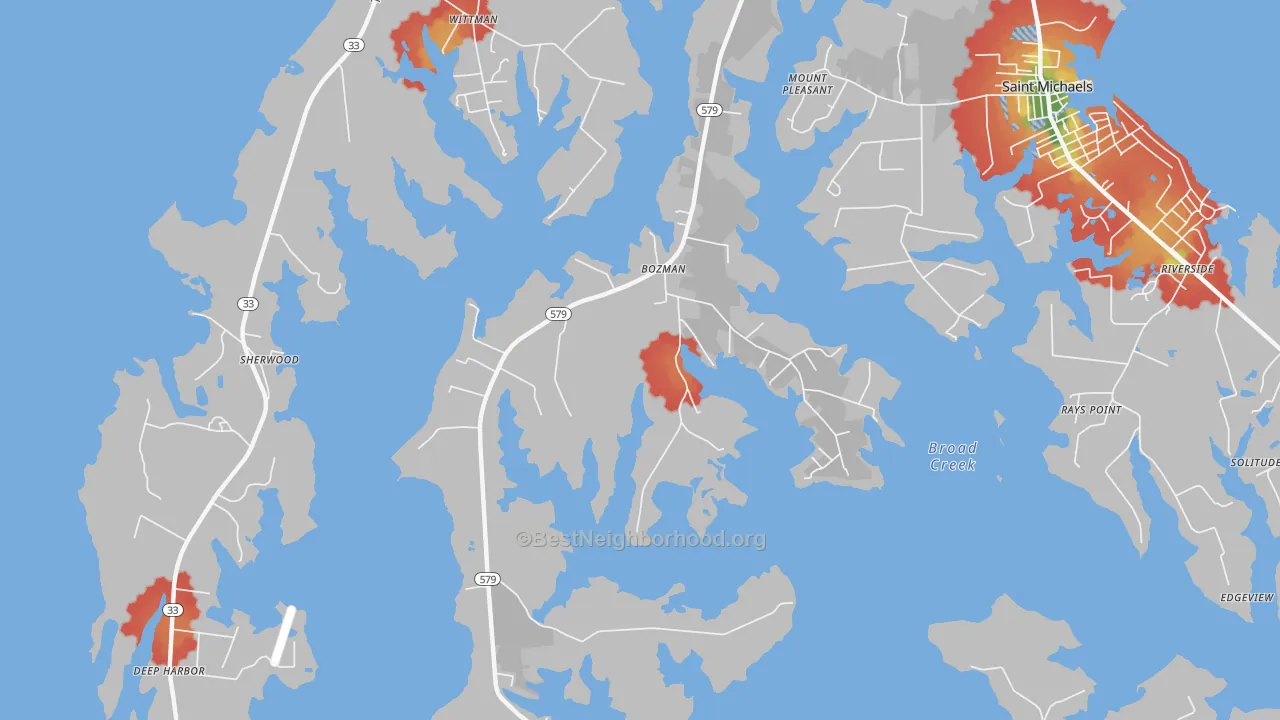 Walk Grade map of Bozman, MD, walkable areas in green and car-dependent areas in red