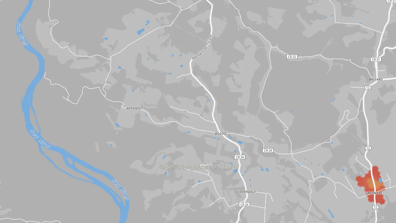 Walk Grade map of Bozoo, WV, walkable areas in green and car-dependent areas in red