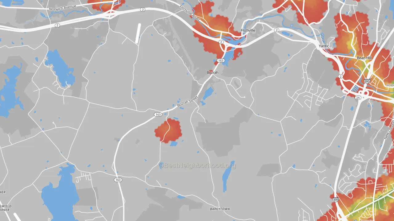 Walk Grade map of Bozrah, CT, walkable areas in green and car-dependent areas in red