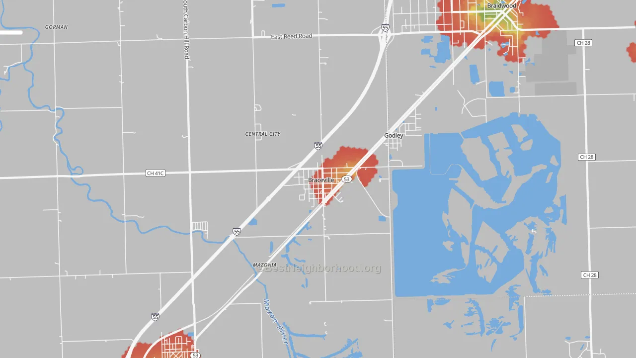 Walk Grade map of Braceville, IL, walkable areas in green and car-dependent areas in red