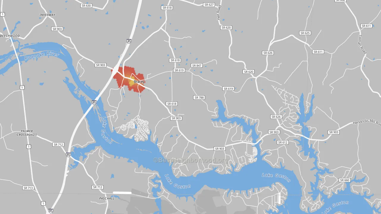 Walk Grade map of Bracey, VA, walkable areas in green and car-dependent areas in red