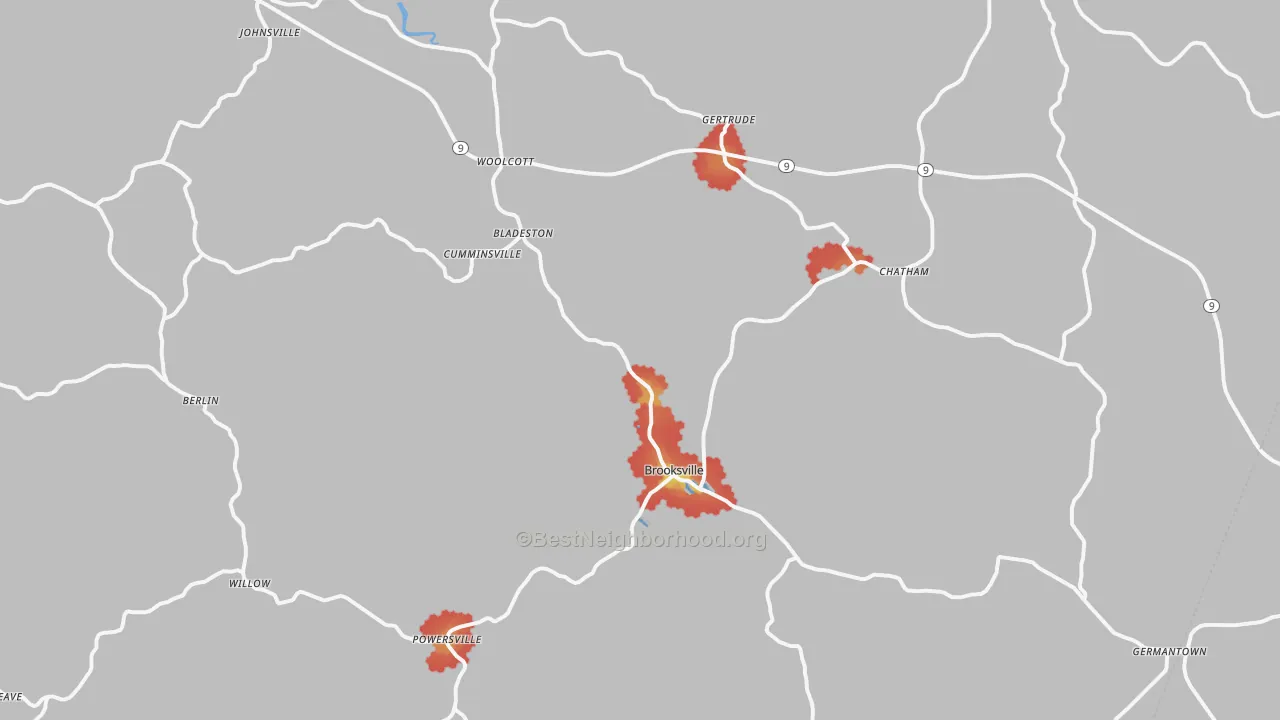 Walk Grade map of Bracken County, KY, walkable areas in green and car-dependent areas in red