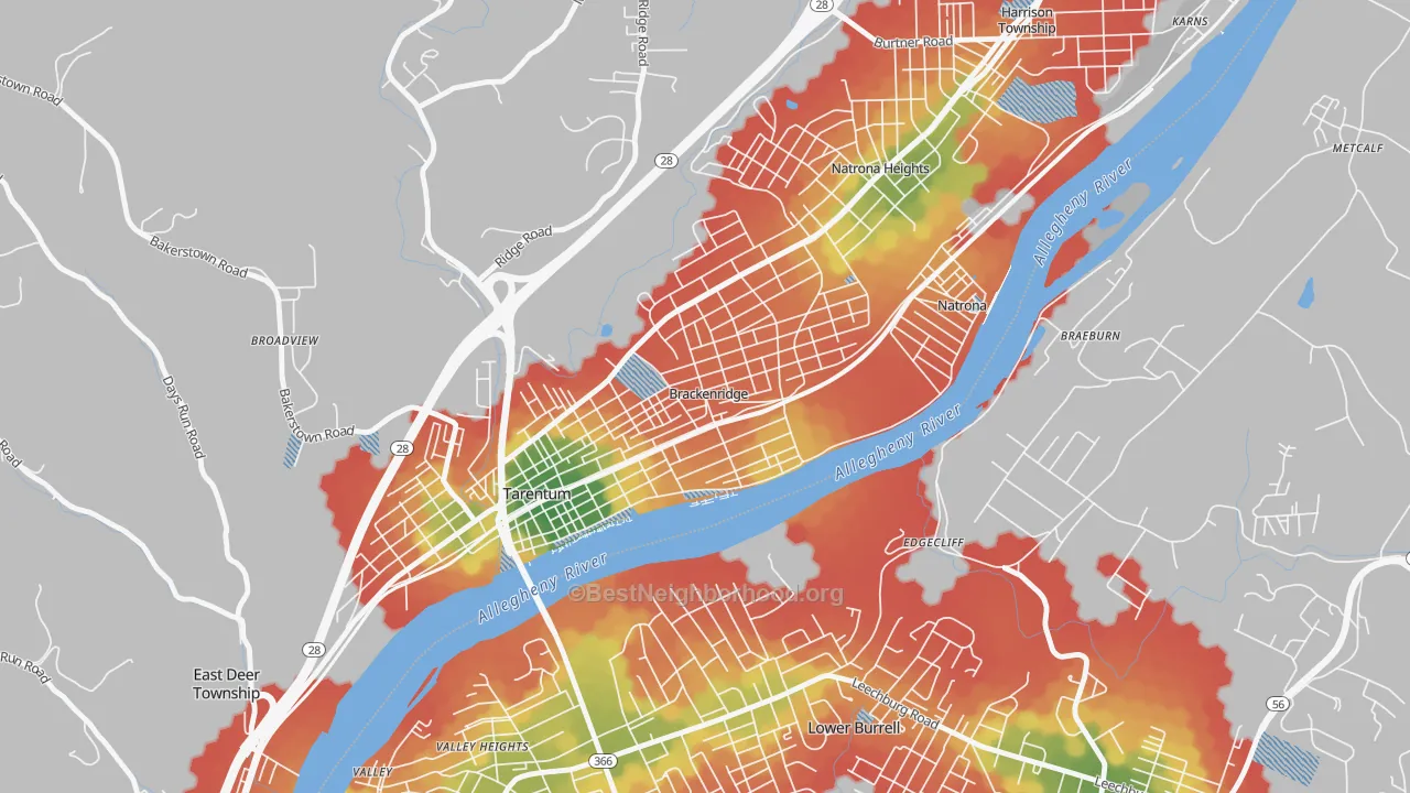 Walk Grade map of Brackenridge, PA, walkable areas in green and car-dependent areas in red