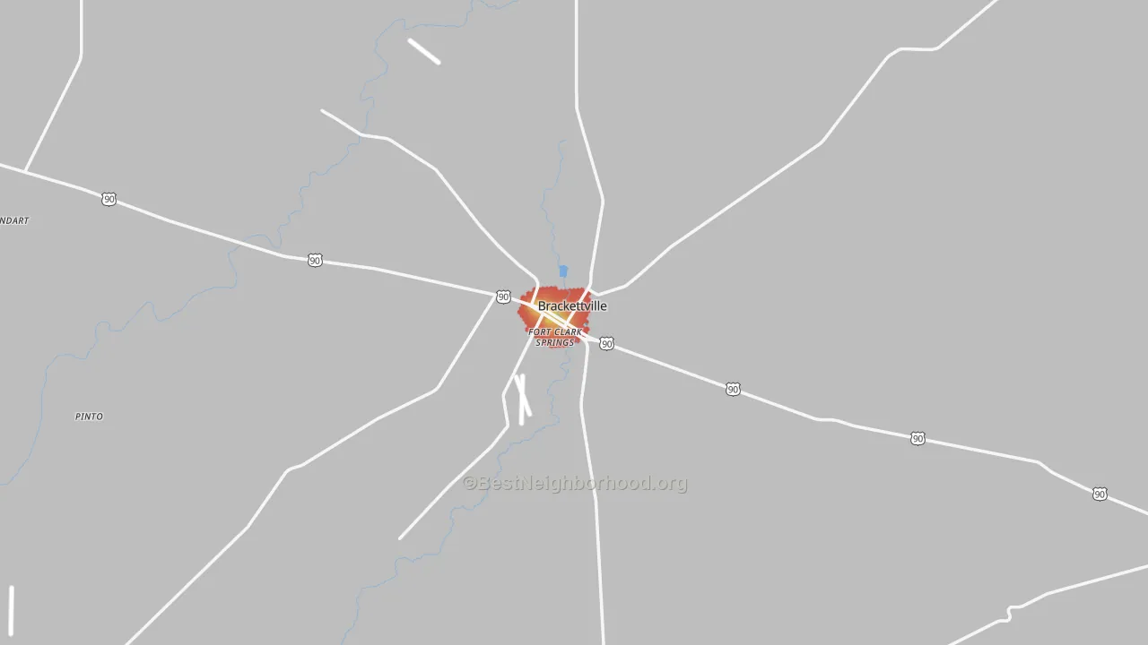 Walk Grade map of Brackettville, TX, walkable areas in green and car-dependent areas in red