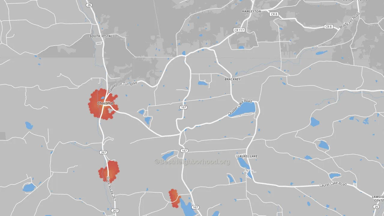 Walk Grade map of Brackney, PA, walkable areas in green and car-dependent areas in red