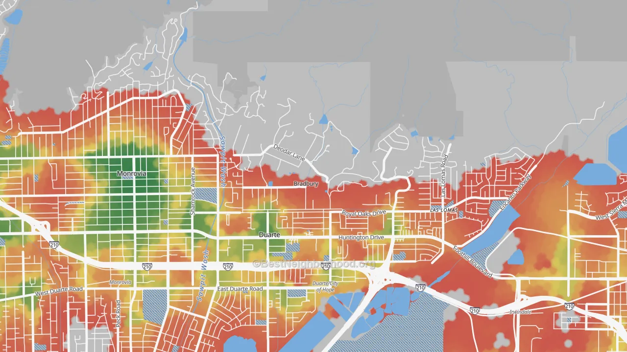 Walk Grade map of Bradbury, CA, walkable areas in green and car-dependent areas in red