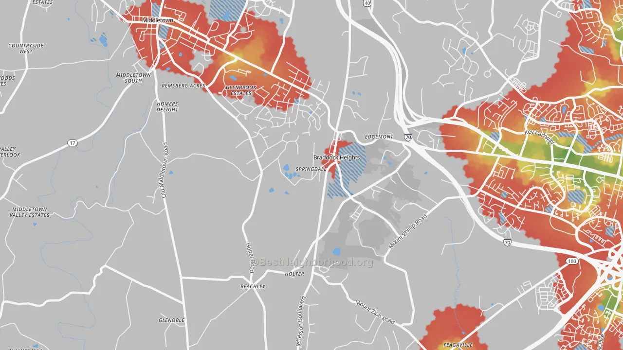 Walk Grade map of Braddock Heights, MD, walkable areas in green and car-dependent areas in red
