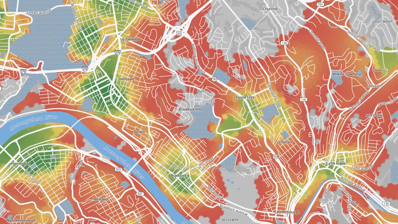 Walk Grade map of Braddock Hills, PA, walkable areas in green and car-dependent areas in red