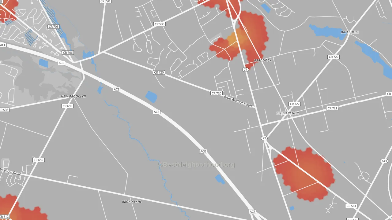 Walk Grade map of Braddock, NJ, walkable areas in green and car-dependent areas in red