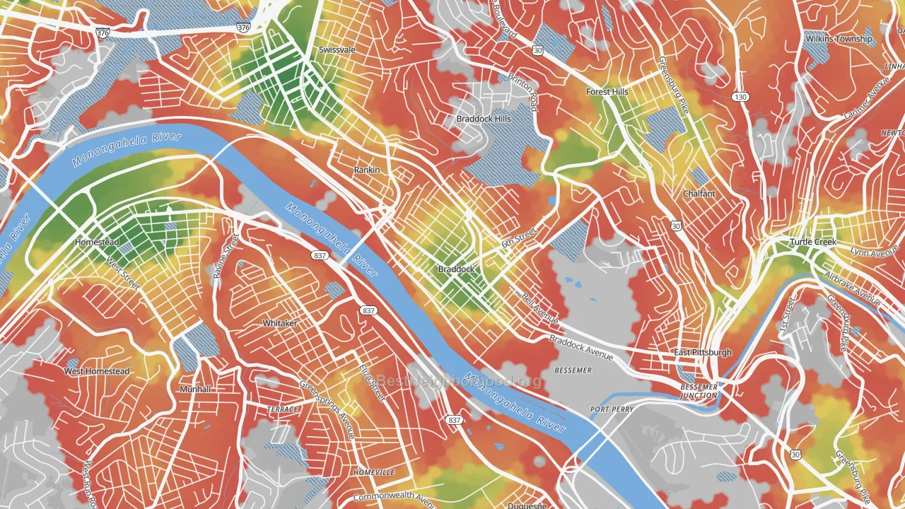 Walk Grade map of Braddock, PA, walkable areas in green and car-dependent areas in red
