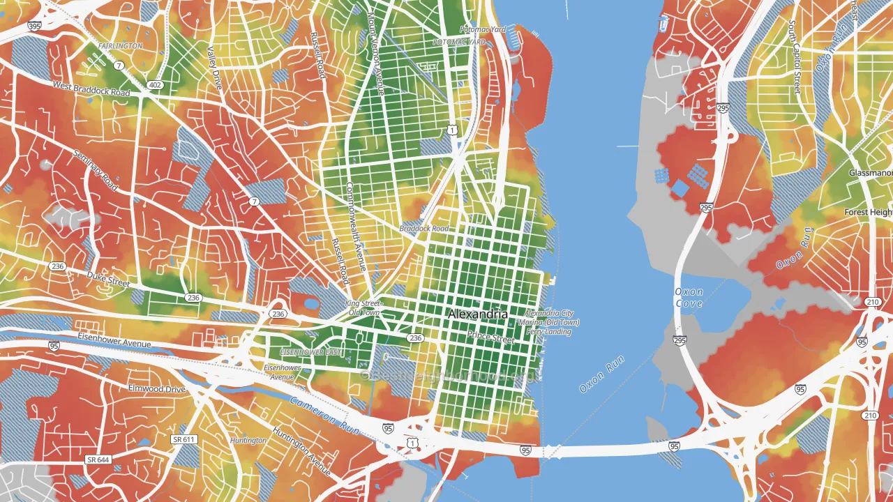 Walk Grade map of Braddock Road Metro, Alexandria, VA, walkable areas in green and car-dependent areas in red