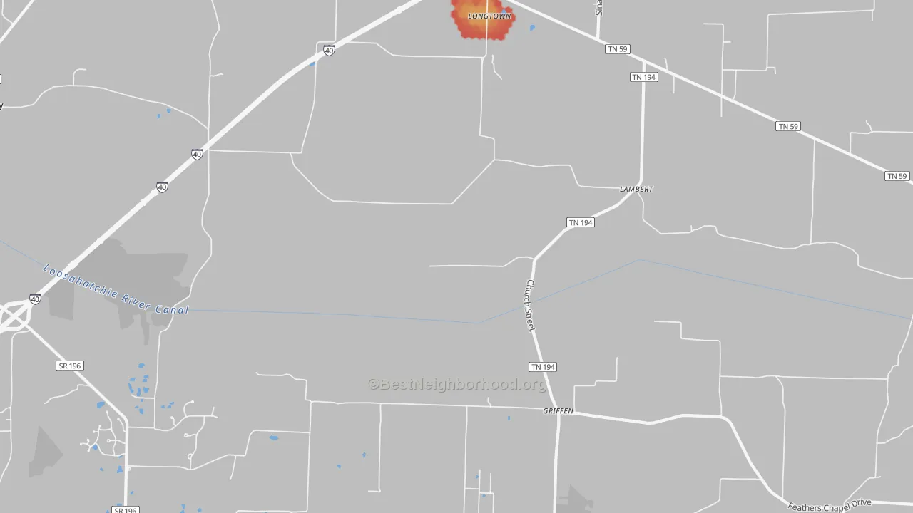 Walk Grade map of Braden, TN, walkable areas in green and car-dependent areas in red