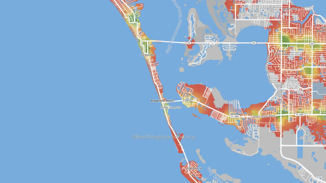 Walk Grade map of Bradenton Beach, FL, walkable areas in green and car-dependent areas in red