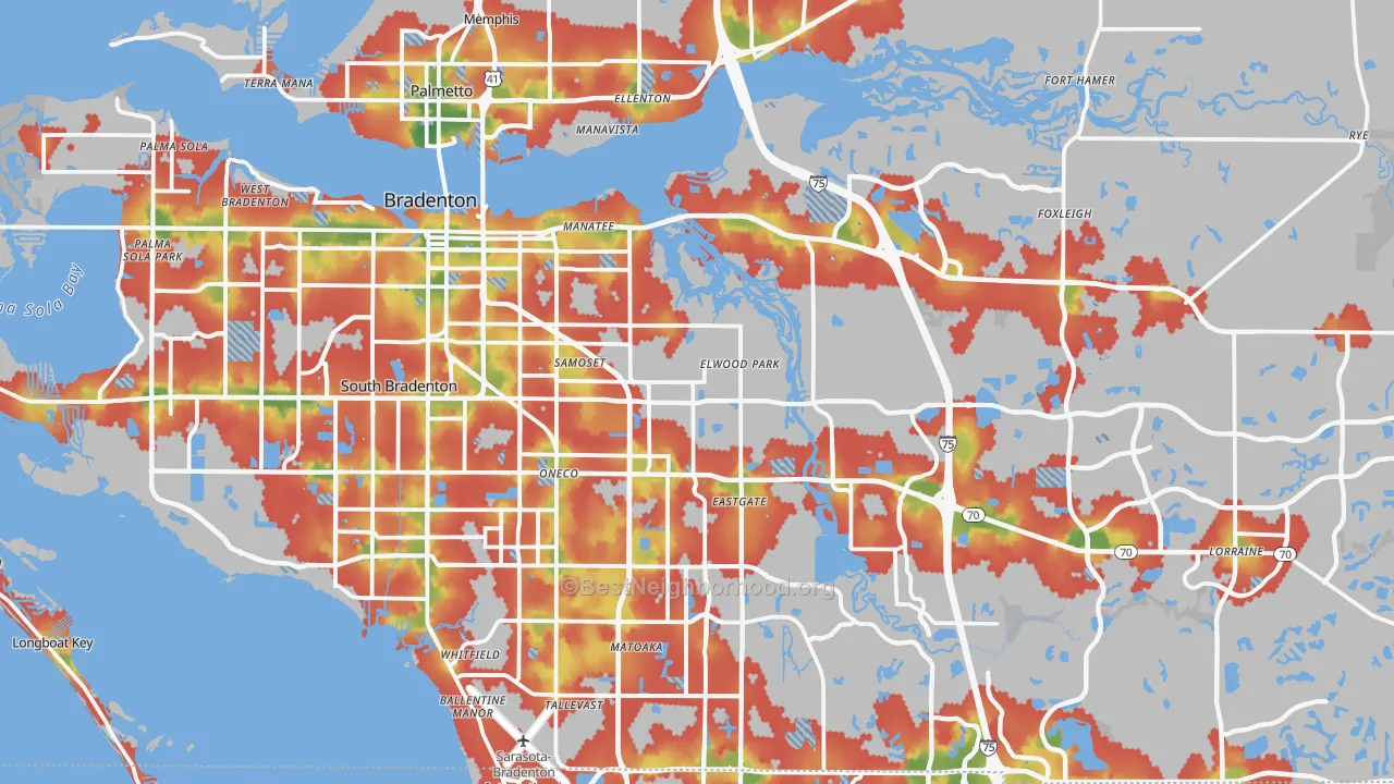Walk Grade map of Bradenton, FL, walkable areas in green and car-dependent areas in red