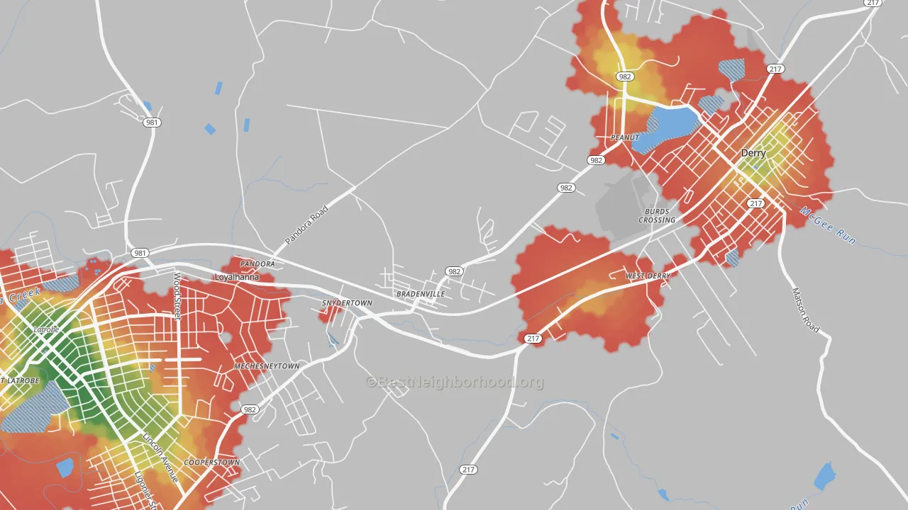 Walk Grade map of Bradenville, PA, walkable areas in green and car-dependent areas in red